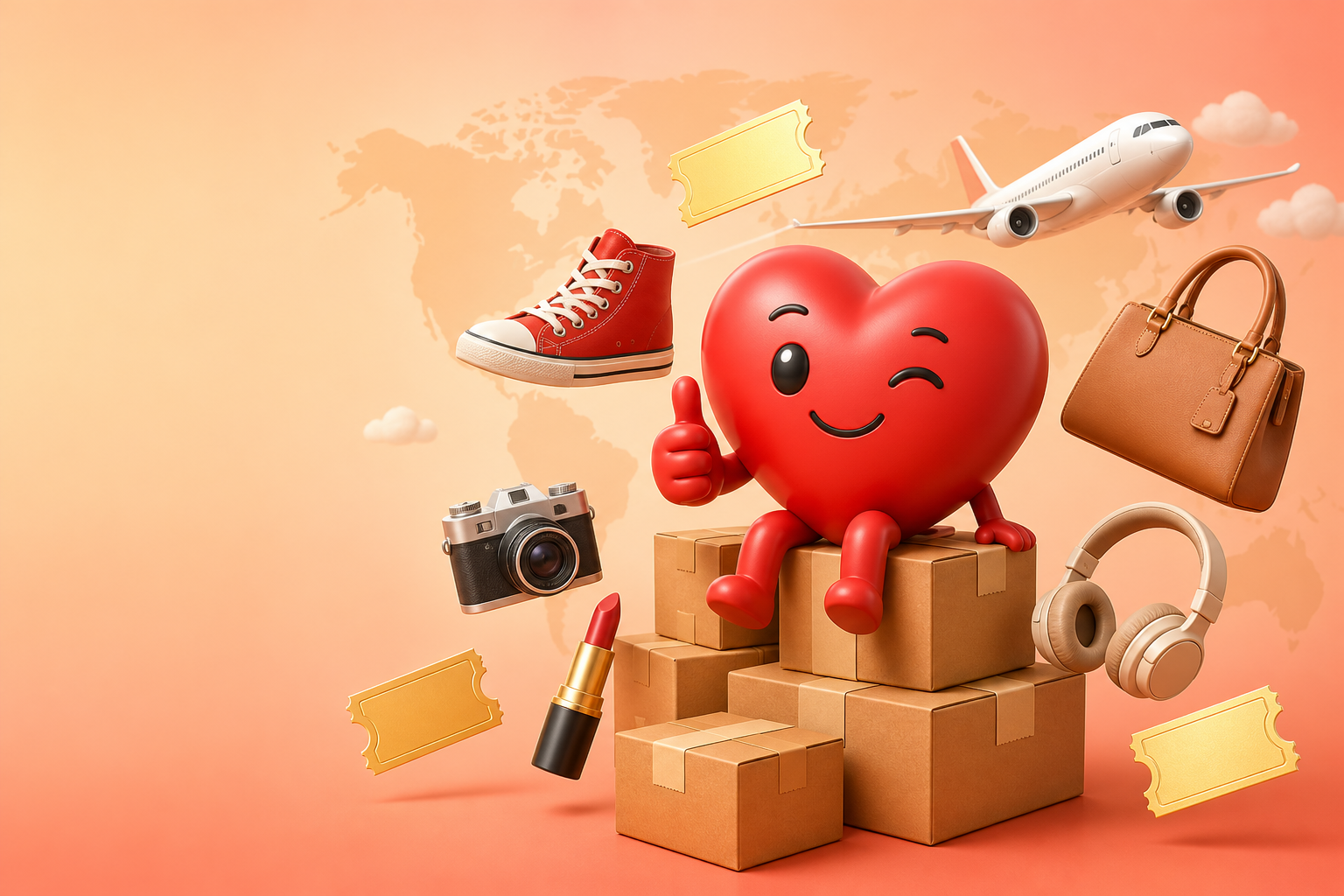 Lovegobuy spreadsheet guide illustration: shopping finds, parcels, and the Lovegobuy heart mascot
